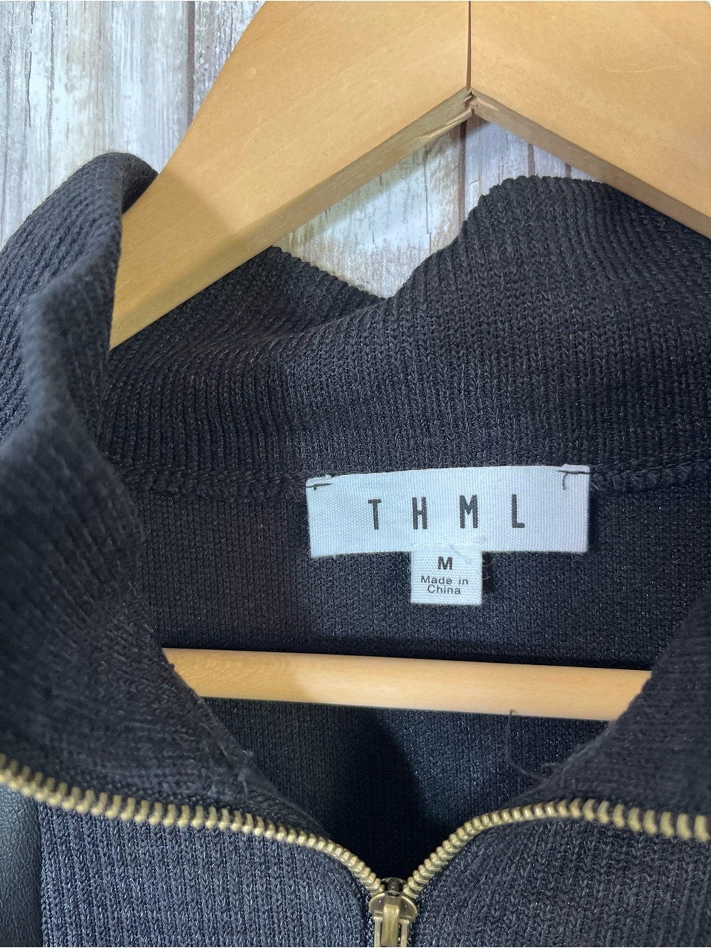THML Faux Leather Sleeve Pullover Black Half Zip Sweatshirt Top M - Picture 5 of 5